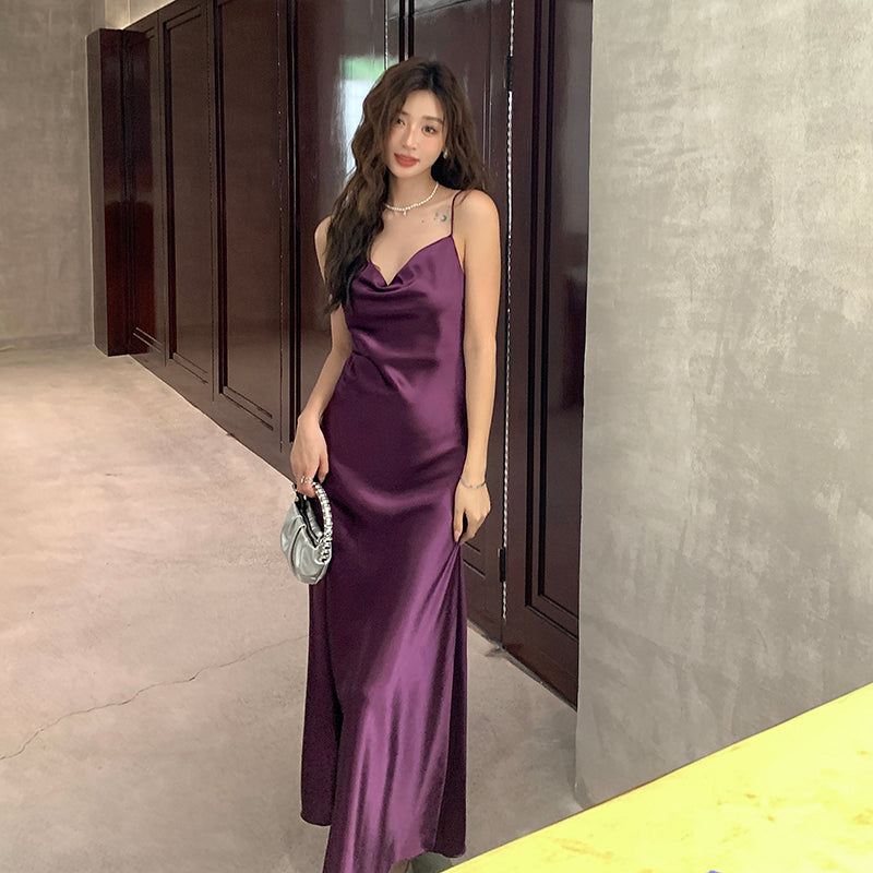French satin suspender dress Hepburn long skirt with base purple A-line slim vest skirt R0984