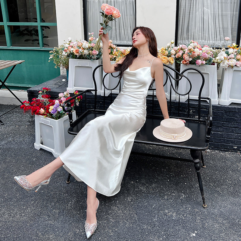 High-grade acetate silk satin white suspender dress mid-length bottoming skirt inner wear R0982