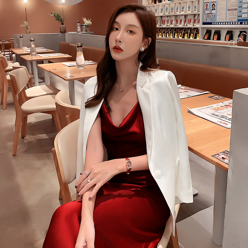 High-grade silk suspender dress with medium-length satin acetate for slimming R0983