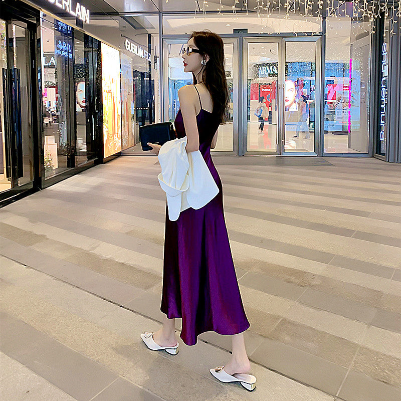 High-grade purple silk suspender dress with medium-length satin inner wear for slimming R0985