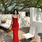 Retro red suspender dress 2025 new holiday style temperament figure waist hip skirt R0722