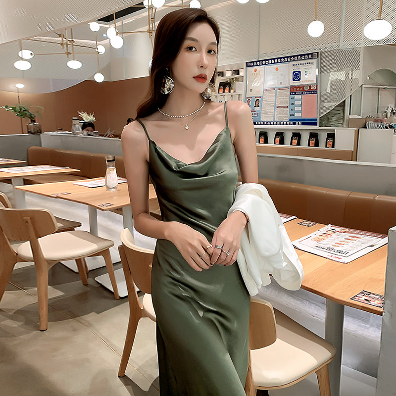 Green acetate satin silk suspender dress women's medium length 2025 new long skirt R1006