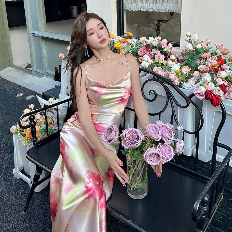 French retro print slim fairy dress sexy high-end pure desire wind collar suspender long dress R1007