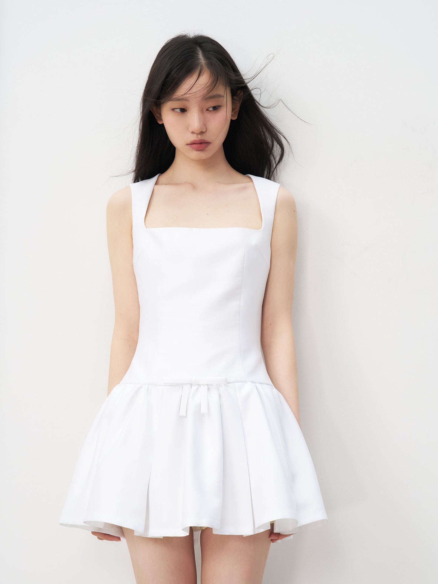 White satin retro princess dress bow waist A-line puffy skirt R5205