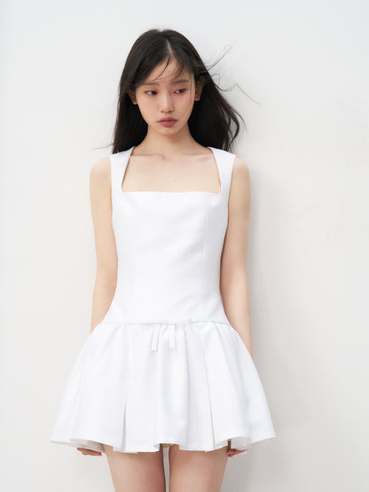 White satin retro princess dress bow waist A-line puffy skirt R5205