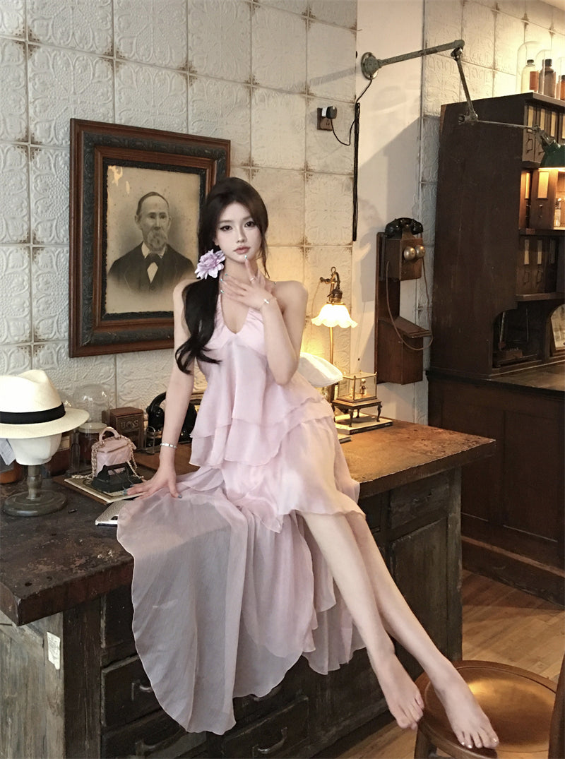 Beach Vacation Pink Chiffon Halter Neck Vest Skirt Two-piece Set R0508