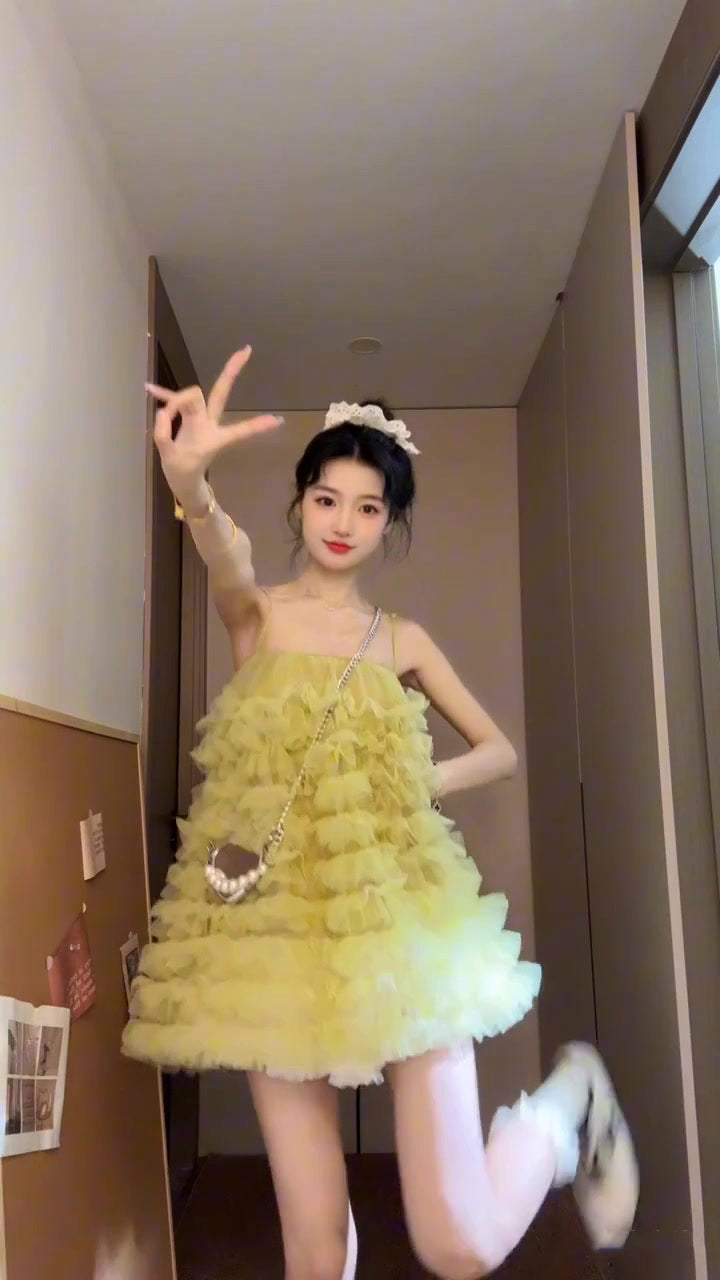 Yellow mesh suspender dress 2025 new gentle sweet style a-line short skirt R0807