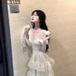 Summer beautiful little skirt gentle temperament lace v-neck suspender dress R0850