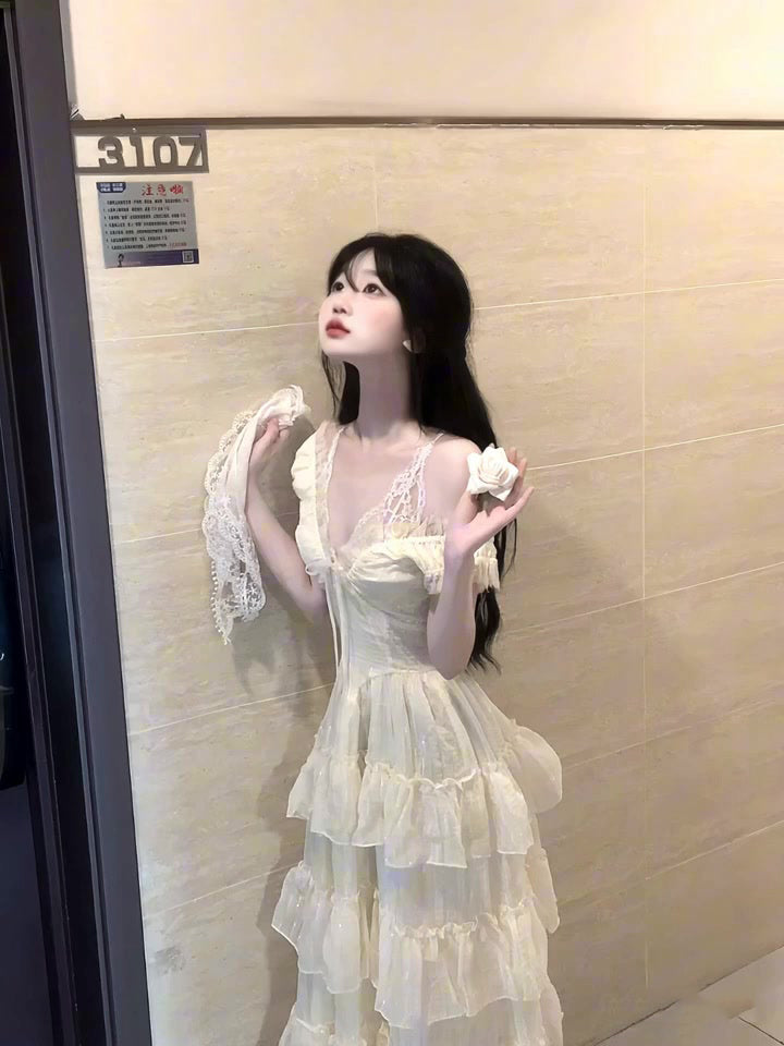 Summer beautiful little skirt gentle temperament lace v-neck suspender dress R0850