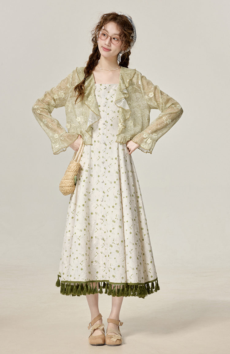 Summer temperament first love series white floral dress green sunscreen shirt R1957