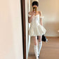 French white polka dot strapless dress for summer vacation, waist cinching flower bud fluffy short skirt, homecoming dress R3000