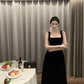 French square neck velvet suspender dress waist temperament dress black long skirt R1423