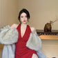 Hong Kong style retro wine red sleeveless backless slit halter neck dress beach dress R1426