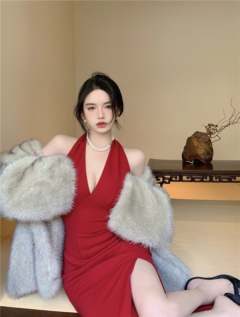 Hong Kong style retro wine red sleeveless backless slit halter neck dress beach dress R1426