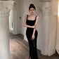 Black square neck suspender dress slim fit slit Hepburn style velvet hip dress R1424