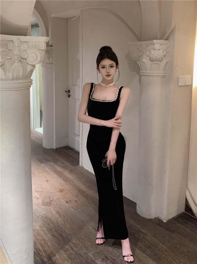 Black square neck suspender dress slim fit slit Hepburn style velvet hip dress R1424
