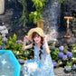Gentle and sweet style blue flower short-sleeved dress holiday style A-line long skirt R0721