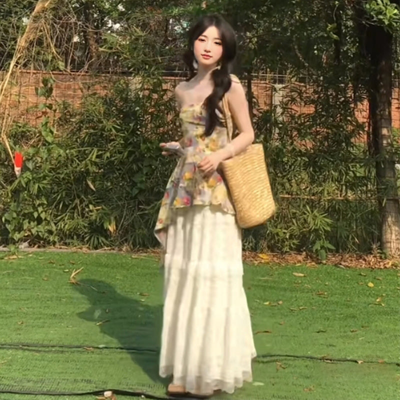 Casual lazy style gentle temperament floral camisole skirt two-piece set R0874