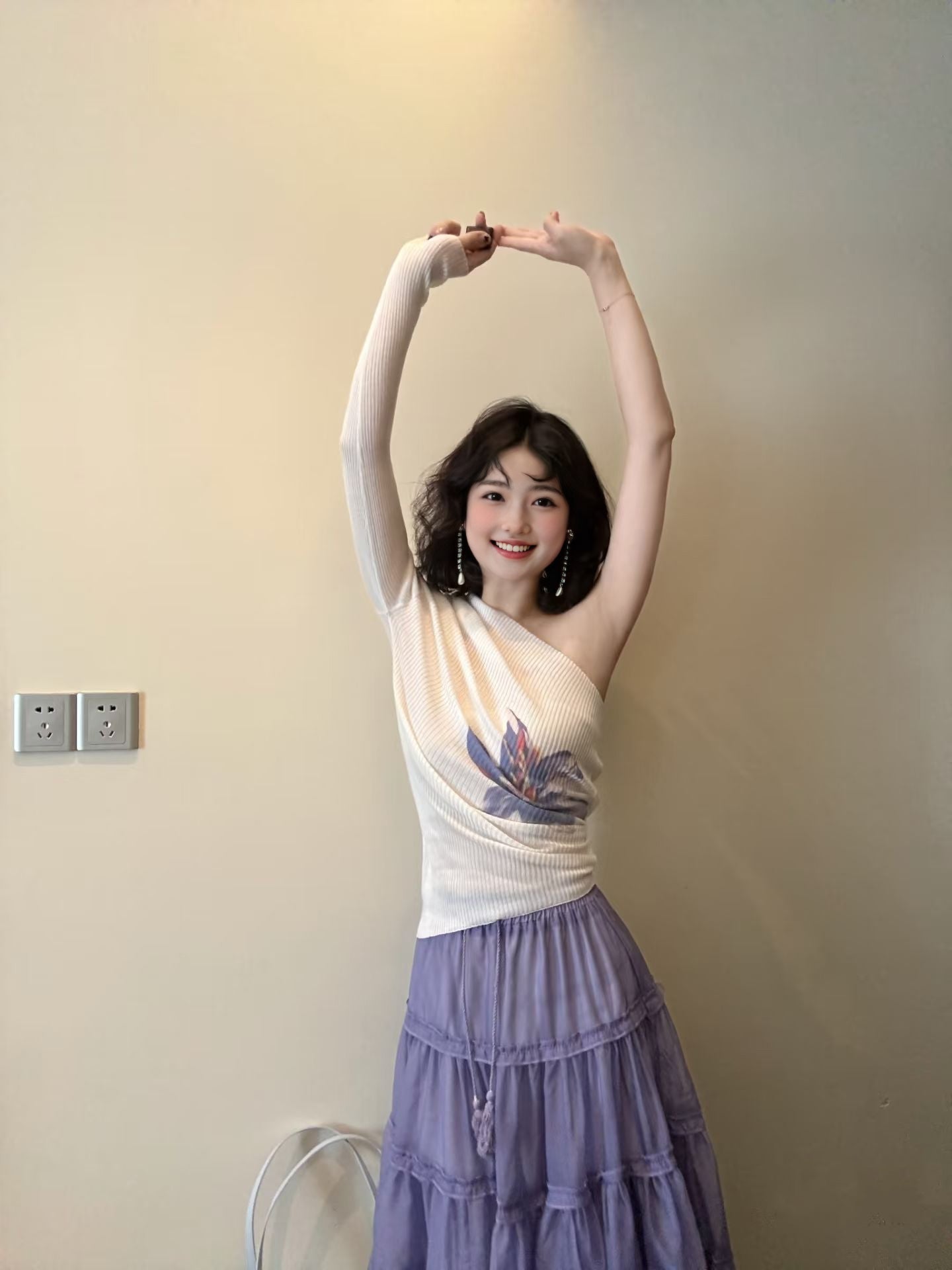 Elegant and gentle temperament one-shoulder long-sleeved top a-line skirt two-piece suit skirt R0875