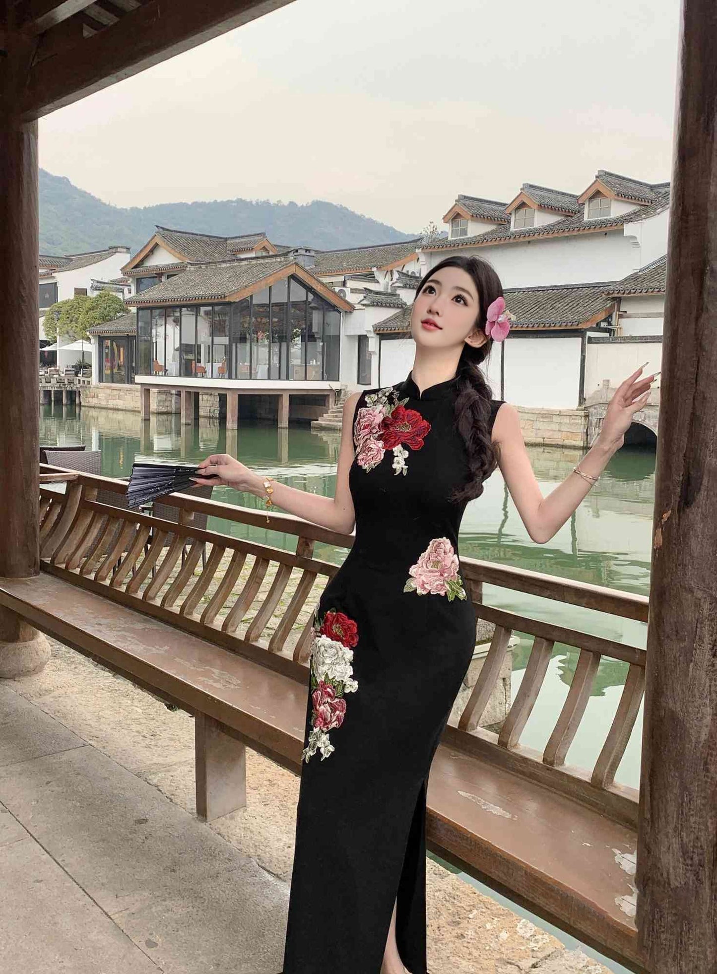 New Chinese retro stand collar dress with beautiful temperament and floral slim long skirt R0877
