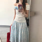 Pure and gentle holiday style striped one-shoulder T-shirt floral skirt two-piece suit R0876