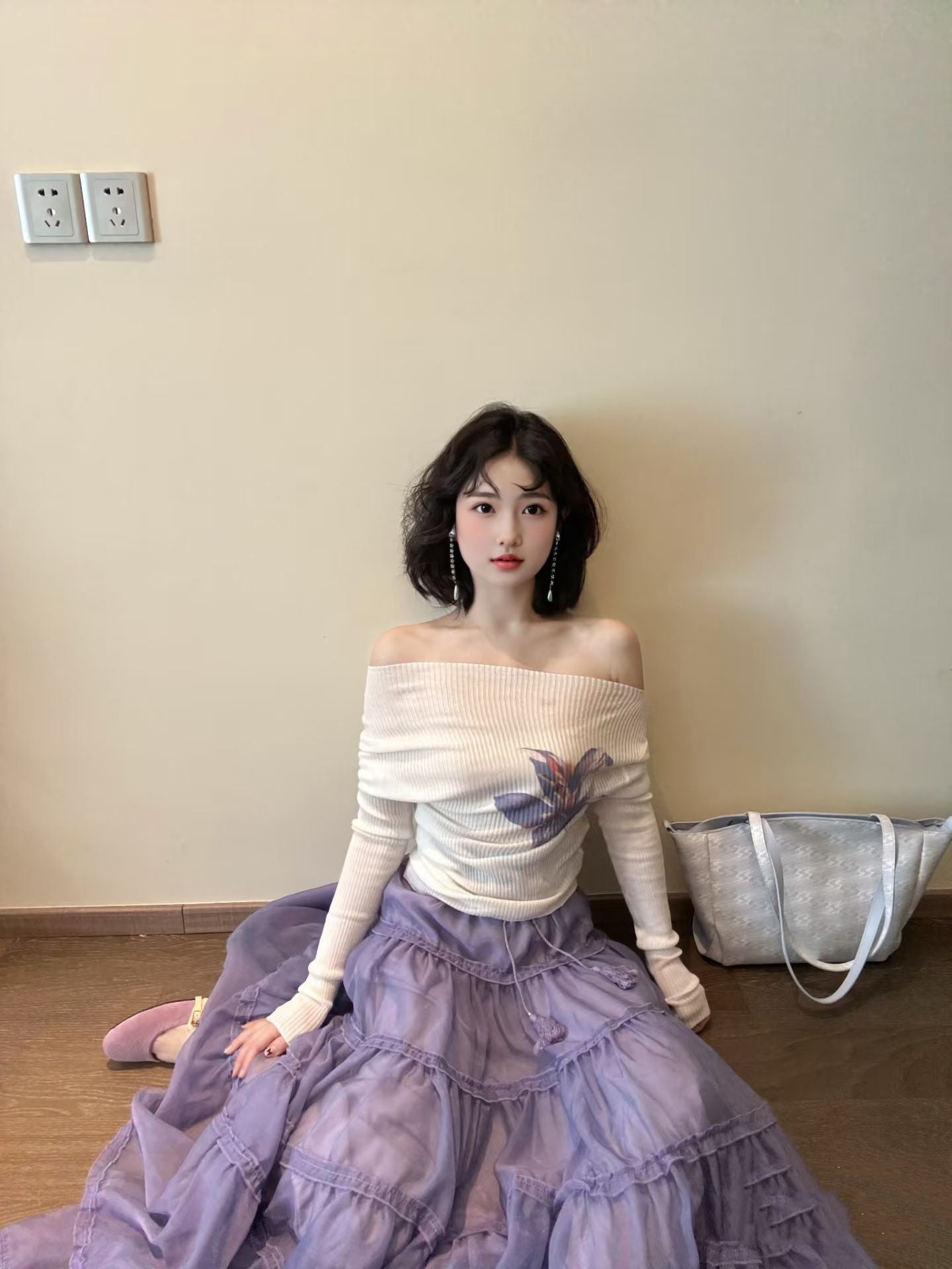 Elegant and gentle temperament one-shoulder long-sleeved top a-line skirt two-piece suit skirt R0875