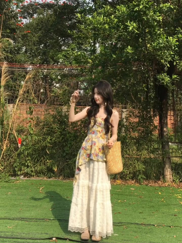 Casual lazy style gentle temperament floral camisole skirt two-piece set R0874