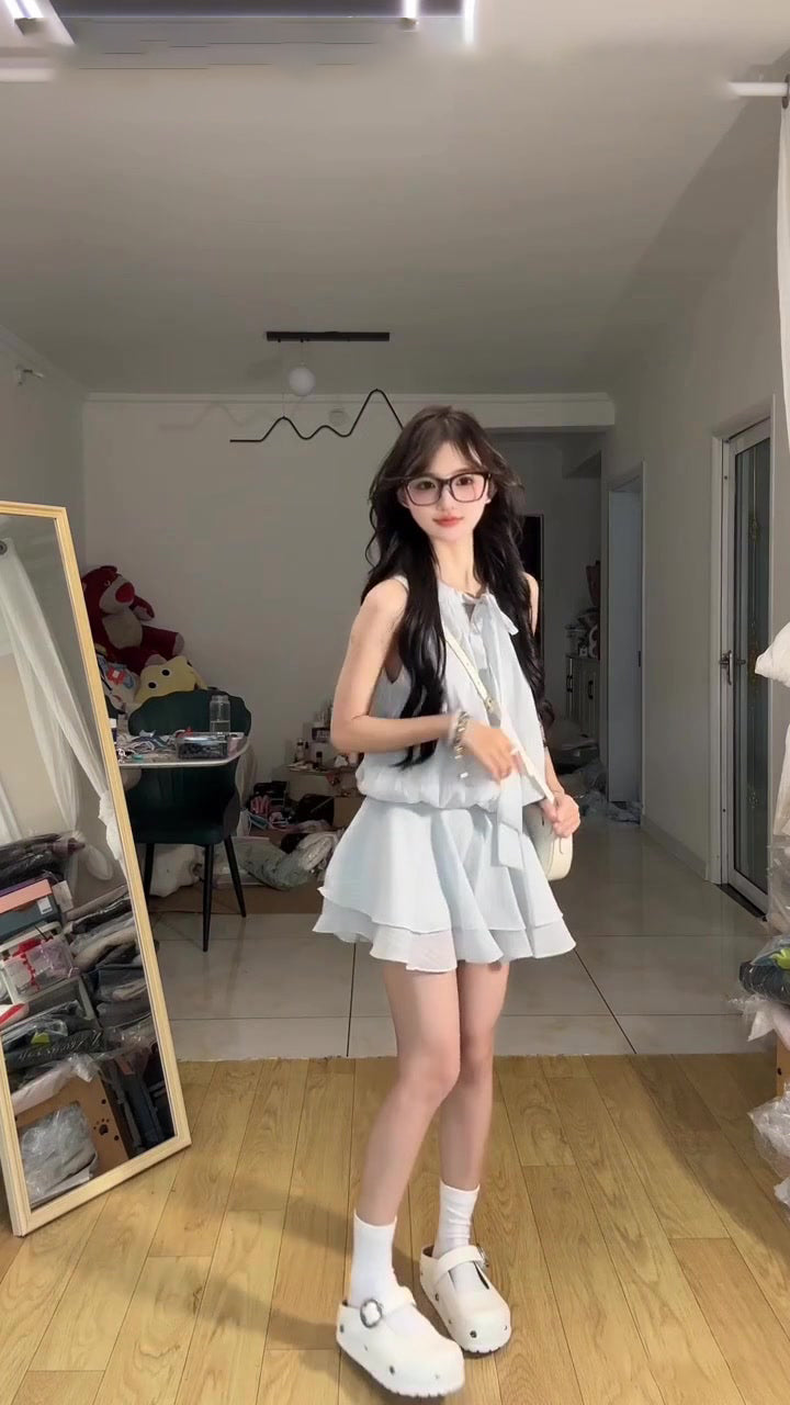 Blue halter dress gentle temperament waist a-line short skirt summer skirt R0836