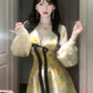 Beautiful little skirt gentle style floral yellow short skirt niche waist dress R0819
