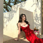 Retro red suspender dress 2025 new holiday style temperament figure waist hip skirt R0722