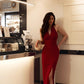 Burgundy sexy halter neck dress French temperament hip-wrapped evening dress long skirt R1458