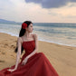 Retro niche design backless suspender dress seaside holiday outfit long dress R1459