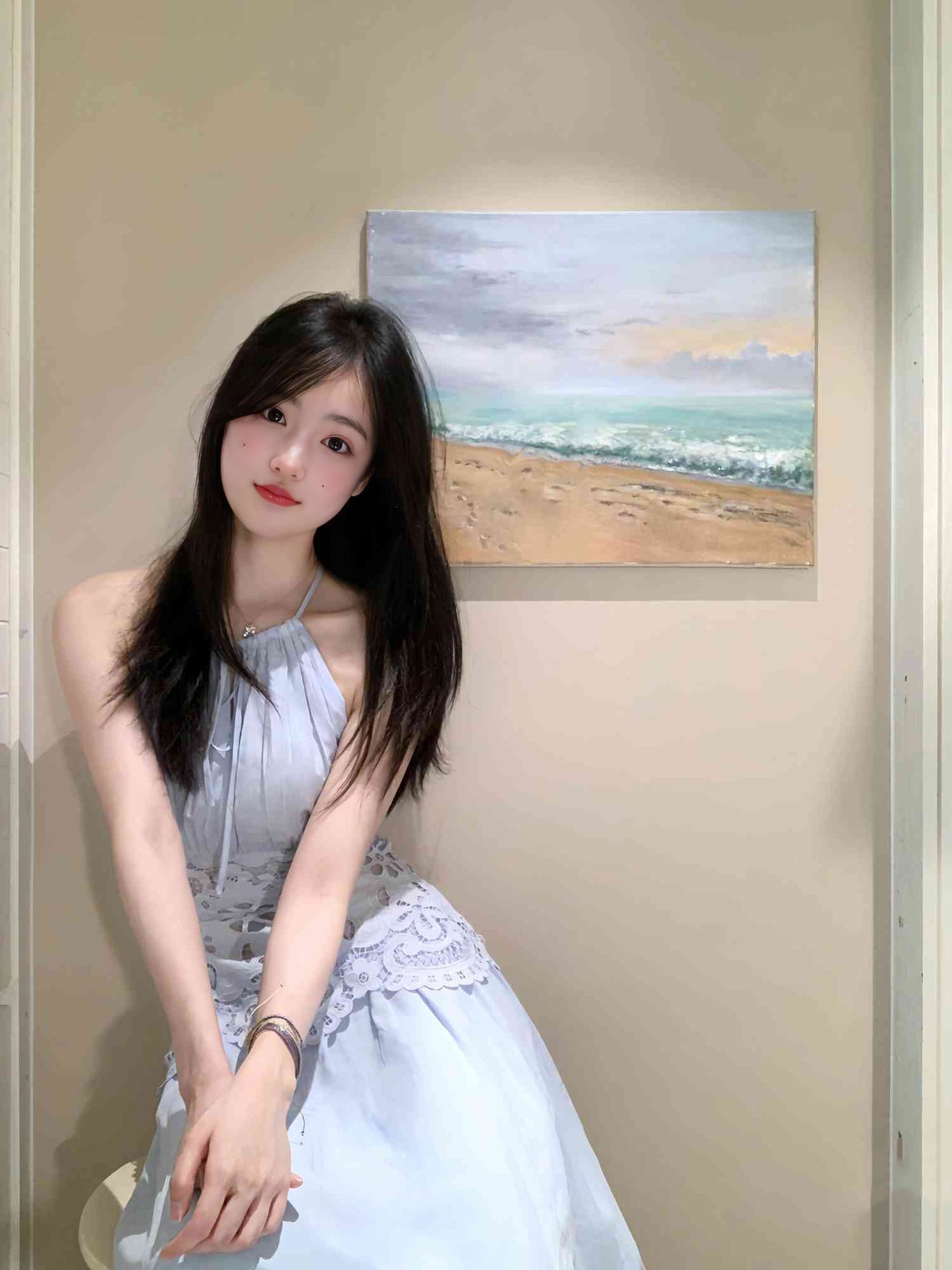 Holiday style blue lace halter neck dress gentle temperament waist A-line long skirt R0883