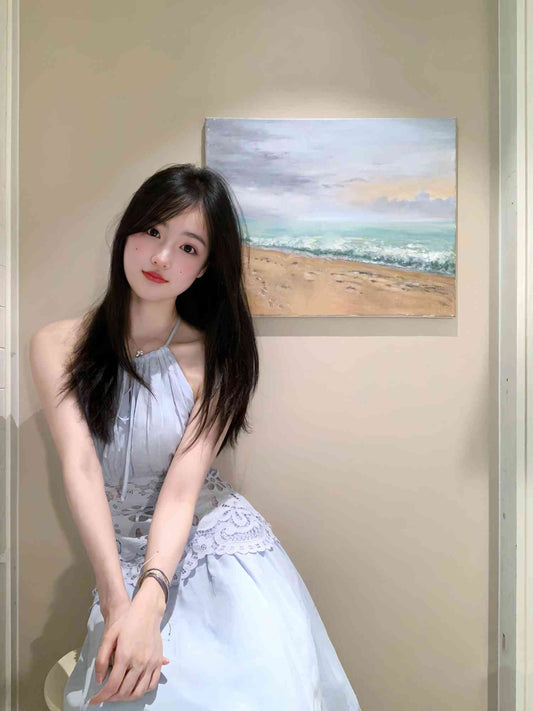 Holiday style blue lace halter neck dress gentle temperament waist A-line long skirt R0883