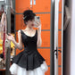 French black suspender dress retro temperament waist fluffy mesh dress R0885
