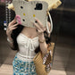 Holiday style gentle temperament beautiful jacquard halter neck top floral skirt two-piece suit R0886