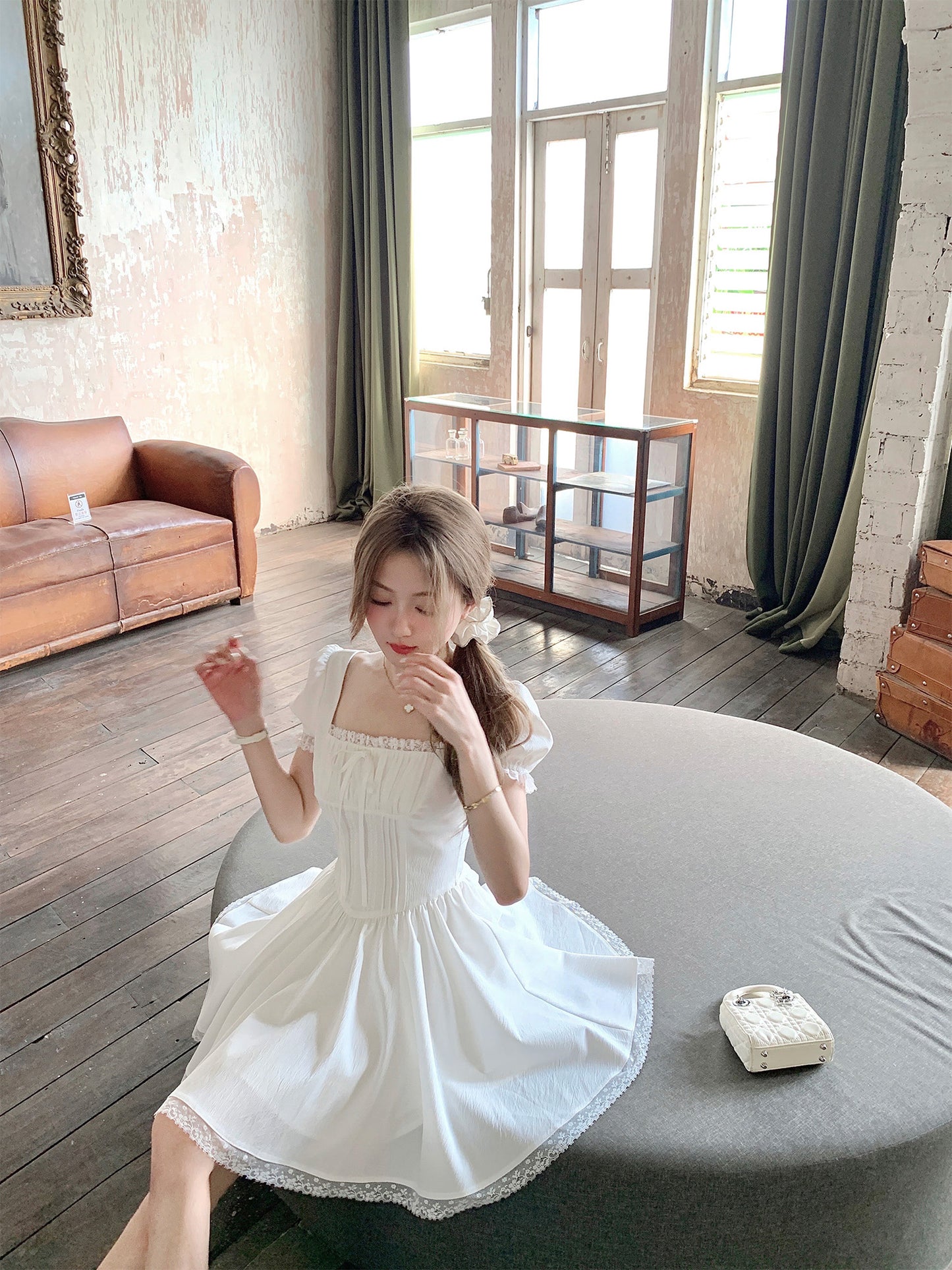 French style little white dress for girls, slim fit, heavy work dress, new summer style R3912