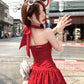 Summer waist slimming temperament red floral holiday halter neck slim dress for women R3914