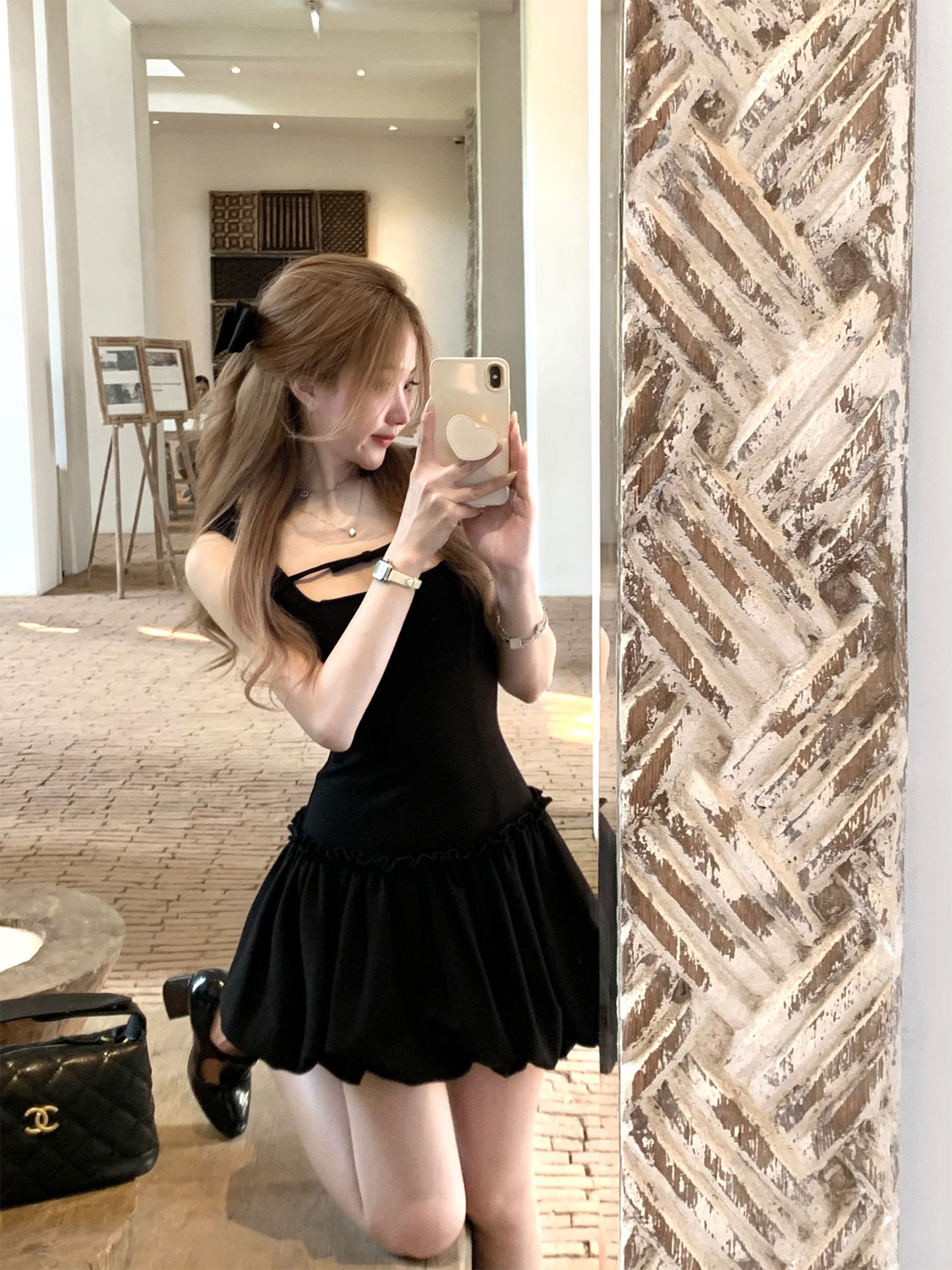 Flower bud vest little black dress waist slimming French Hepburn dress women's summer R3913