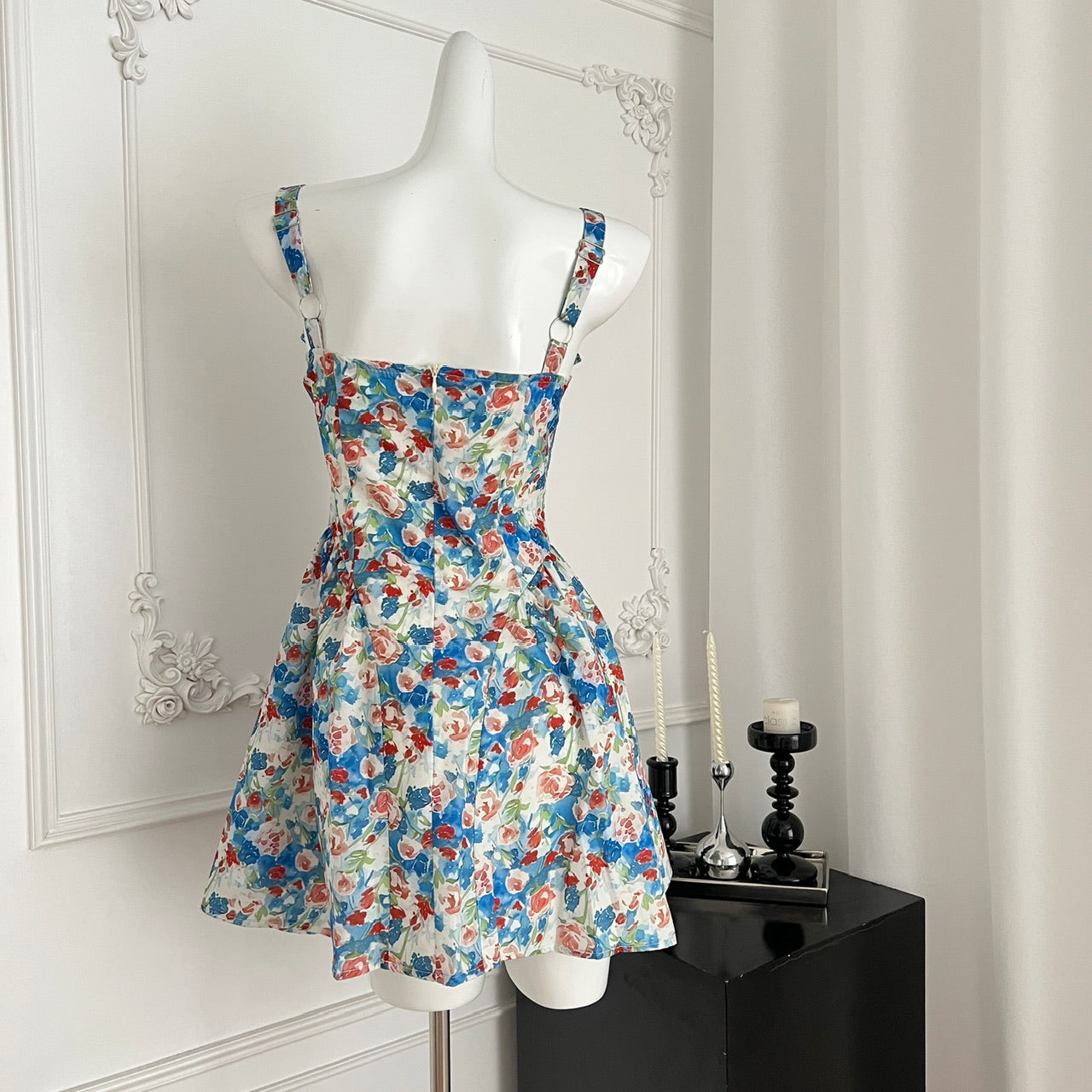 Rose print suspender dress 2025 summer new slim short skirt R2176