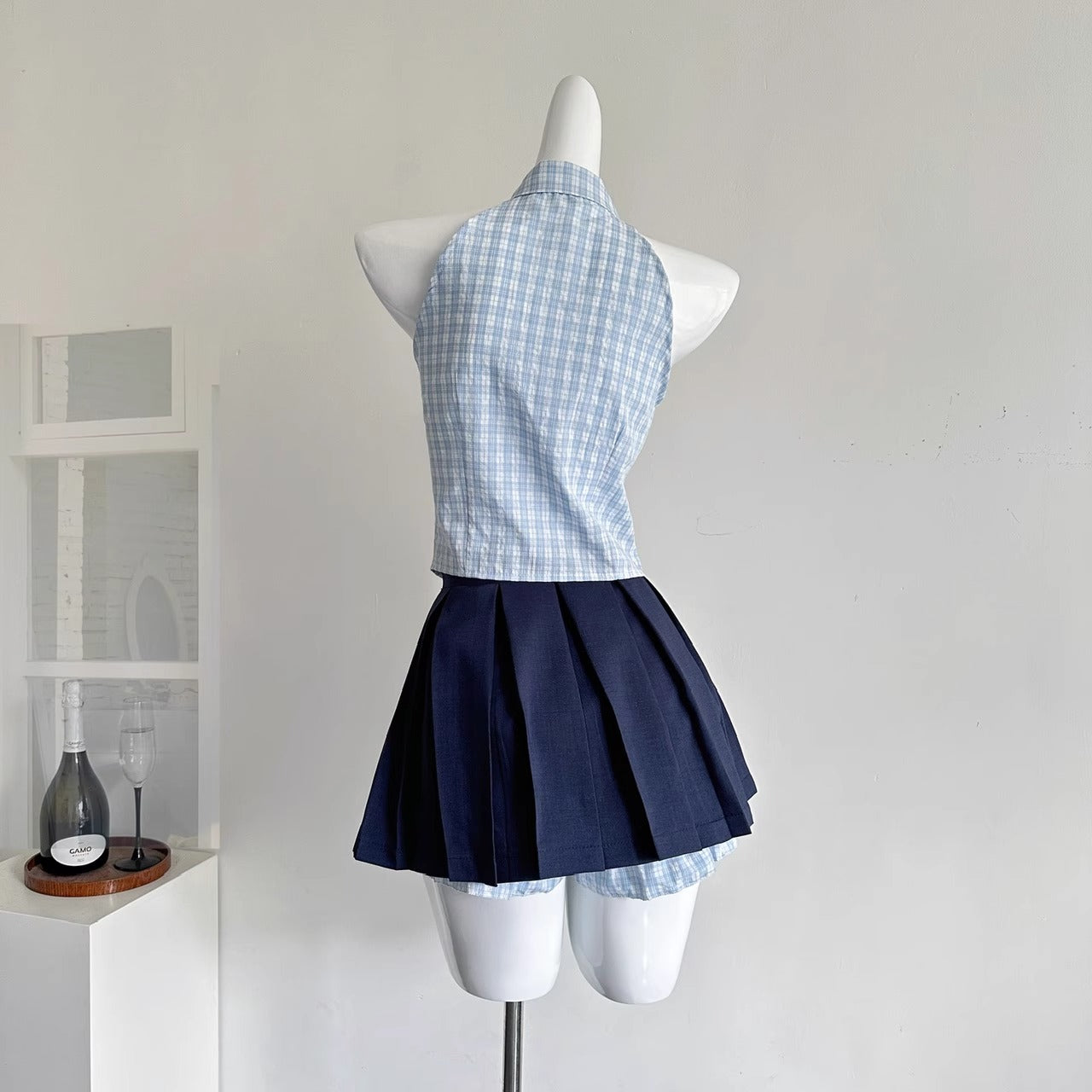 Senior sister summer niche sweet hot girl plaid halterneck suit R2046