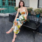 V-neck suspender dress 2025 new French style high-end temperament printed satin long skirt R1004