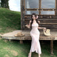 Pink floral suspender dress, beautiful waist, slim fit, hip fishtail skirt R0631