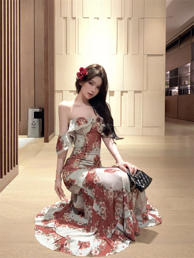 Retro tube top floral dress beautiful waist slim hip skirt R0573