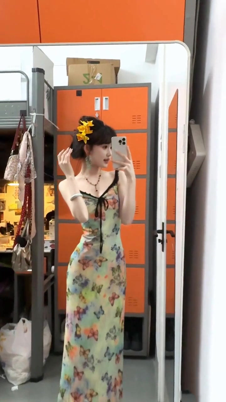 Floral suspender dress with gentle temperament, slim waist and hip skirt R0574