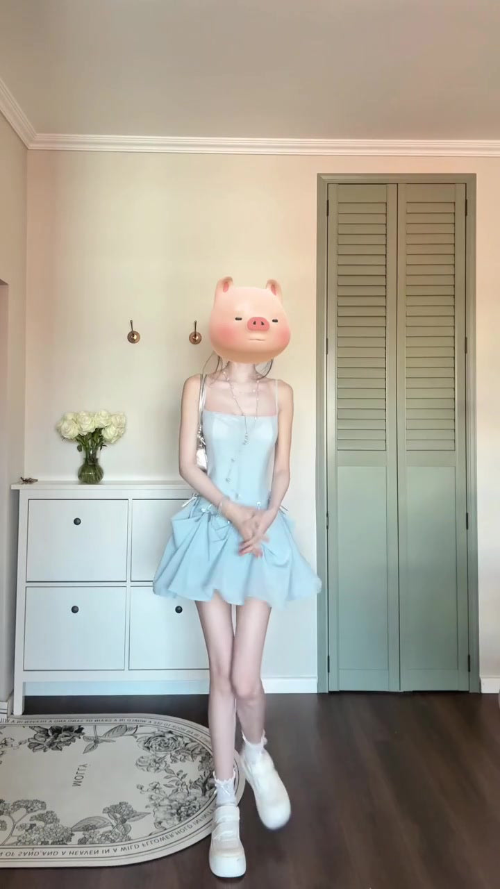 One dress for multiple wears, holiday style blue bow suspender dress, gentle temperament, beautiful long dress R0446