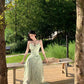 Holiday green ruffled V-neck dress is super beautiful fairy temperament waist long skirt R0444
