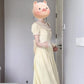 Holiday gentle style yellow jacquard puff sleeve dress unique beautiful waist temperament long skirt R0447