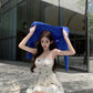 Blue floral suspender dress gentle temperament beautiful waist bud short skirt R0784