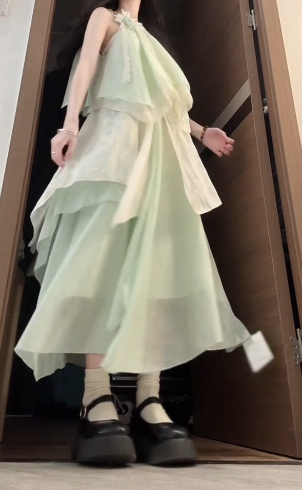 Mint green halter neck dress irregular beautiful loose beach dress R0665